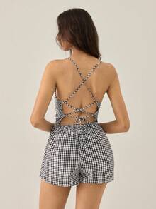 Almamuse 女士优雅编织缎带拼接格子连体裤 - 黑色 - 查看 1