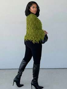 Alexandranx Solid Open Front Fuzzy Cardigan,Long Sleeve Tops Fall Winter Cloth For Women - Olive Green - View 4