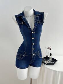 Elamini Bộ áo liền quần denim dáng ôm, không tay, màu trơn dành cho nữ - Rửa tối - Xem 6