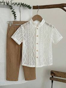 LMoss Kids 男童纯色梭织休闲衬衫和条纹裤两件套 - 彩色 - 查看 3