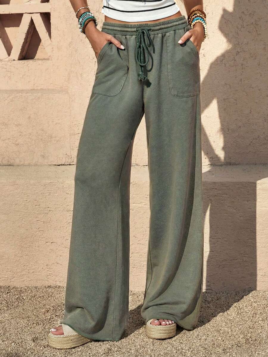 Wildy BOHO Casual American Western Vintage Distressed Floral Print Women Spring/Summer Basic Pants With Pockets For Daily Wear And Commute Wide Leg Sweatpants Drawstring Pants Flared Sweatpants Women Wide Leg Pants Boho Pants For Women Summer Pants For Women - Army Green - View 1