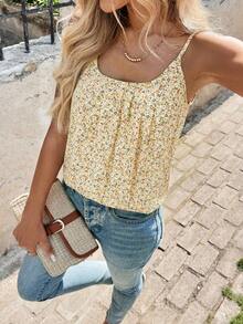 SHEIN Clasi 女士新款时尚优雅夏季粉色碎花吊带背心，适合叠穿或单穿；黄色夏季印花上衣；女士夏季上衣；波西米亚风夏季上衣；夏季休闲上衣 - 黃色 - 查看 5