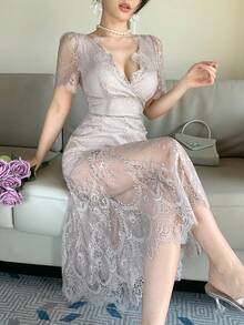 DAZY 女士V领短袖蕾丝面料优雅长裙 - 淺粉色 - 查看 1