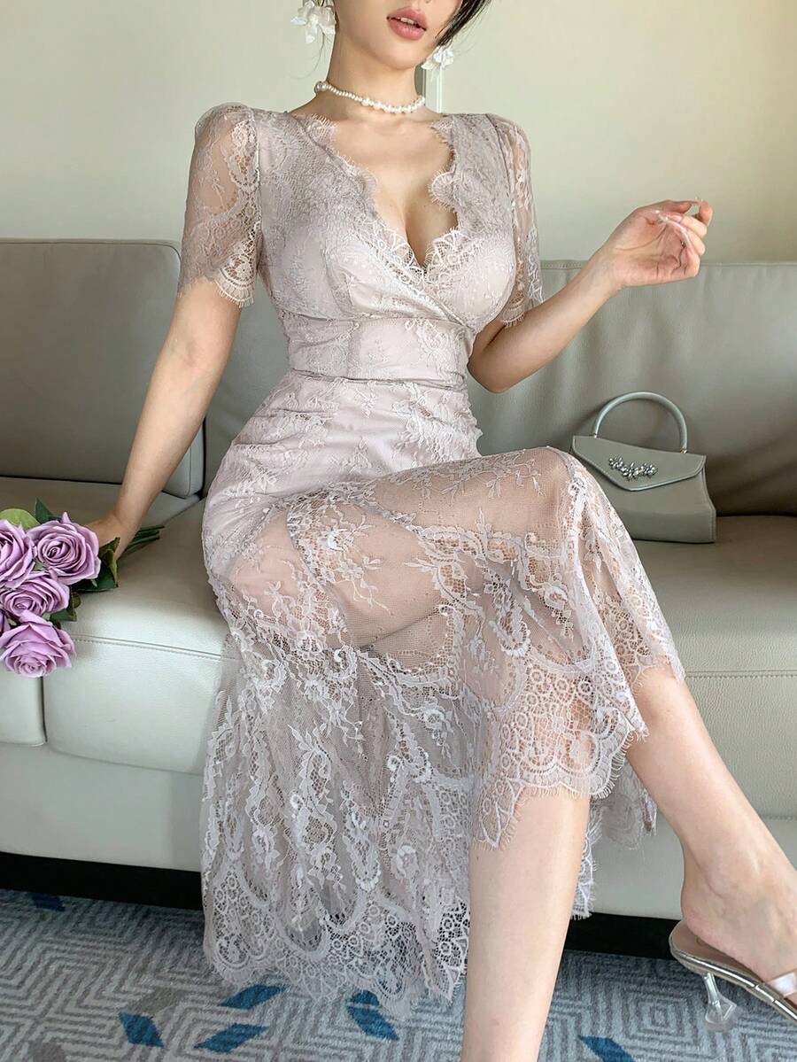 DAZY 女士V领短袖蕾丝面料优雅长裙 - 淺粉色 - 查看 1