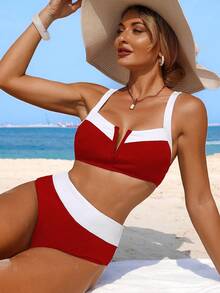 Swim Lushoire Bộ bikini nữ mùa hè, kiểu dáng thường ngày, cổ chữ V, phối màu đen trắng, thích hợp đi biển. - Đỏ - Xem 5