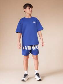 SUMWON Boys Oversized Royal Blue T-Shirt And Matching Shorts Co-Ord Set With White Number Print And Text Graphics - Blue - View 1