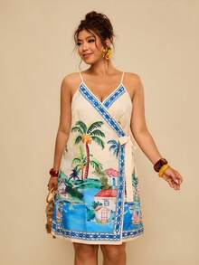 Travachic Plus Size Women's Summer Beige Boho Tropical Print Wrap Tie Camisole Dress,Vacation Holiday Beach Outfits,Spring Yacht Appropriate Tropical Dresses - Multicolor - View 5