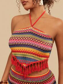 SHEIN VCAY Plus Size Women's Red Summer Boho Holiday 2 Pieces Set,Halter Backless Tassel Hem Knit Blouse & Mini Skirt,Vacation Festival Two Piece Outfit - Multicolor - View 8