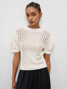 Maija Crew Neck Fashionable Loose Petal Sleeve Hollow Out Knit Top Chic And Cool Beach Outfits Princess Sleeve A Versatile Young Girl Spring Summer - Apricot - View 5