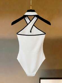 GlowEve CURVE Body elegante de cuello cruzado y bloque de color para mujer talla grande, primavera/verano - Blanco y Negro - Ver 2