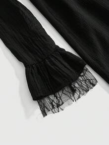 ROMWE Goth Vestido largo ajustado de línea A con mangas abullonadas y encaje con diseño de telaraña estilo gótico - Negro - Ver 12