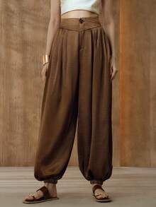 Arave Women's High Waist Loose Fit Acetate Satin Pleated Relaxed Elastic Waist Daily Commute Pants - Coffee Brown - View 4