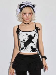ROMWE Kawaii 可爱黑猫印花蕾丝蝴蝶结修身女式背心 - 白色 - 查看 6
