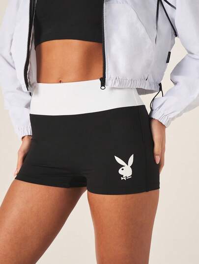 Missguided x Playboy Quần short đạp xe nữ màu đen cạp cao với logo thỏ trắng, kiểu dáng thể thao ôm sát, có độ nén tốt, thích hợp cho tập luyện.