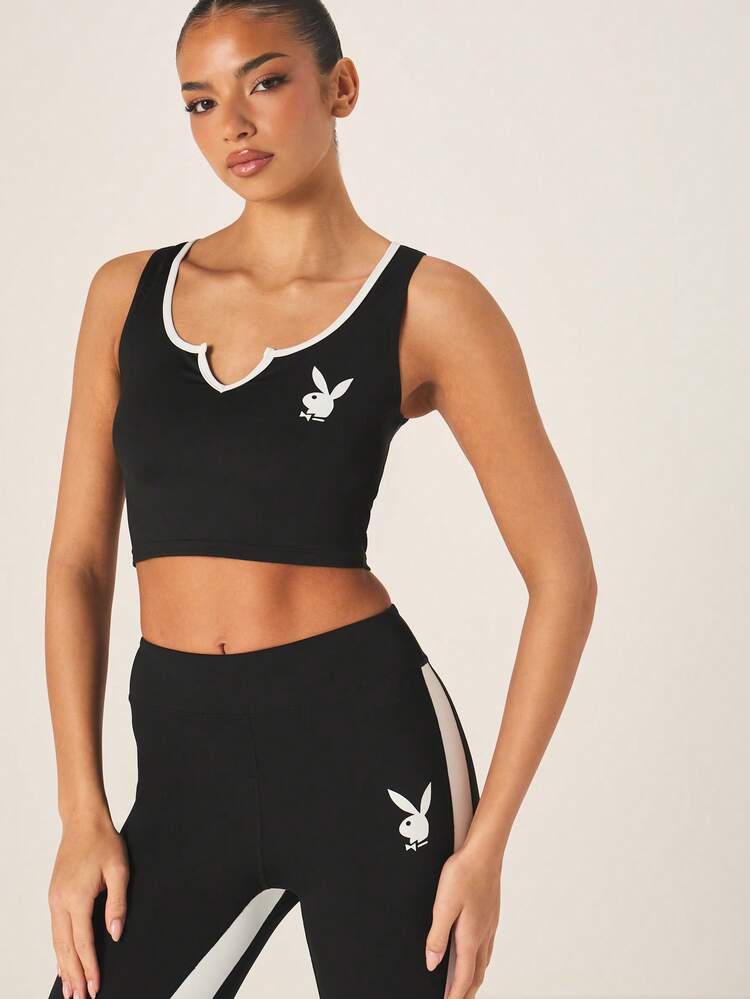 Missguided x Playboy Women Logo Notch Neck Tank Top With Contrast White Trim Activewear Athletic Crop Top