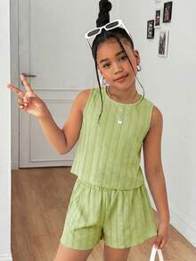 少女休闲纹理面料蝴蝶结露背背心和短裤两件套 - 彩色 - 查看 6