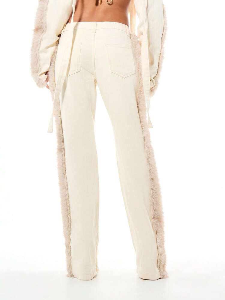 SUMWON WOMEN Cream Fur Trimmed High Rise Flare Jeans With Luxurious Faux Fur Side Panels And Wide Leg Silhouette For Fall Winter Fashion