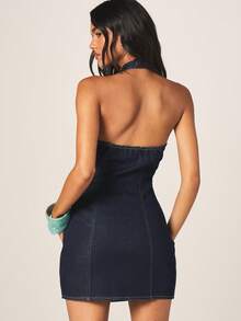 MISSGUIDED Fitted Dark Denim Mini Halter Dress With Decorative Turquoise Bead Chain Detail And Bodycon Silhouette - Dark Wash - View 3