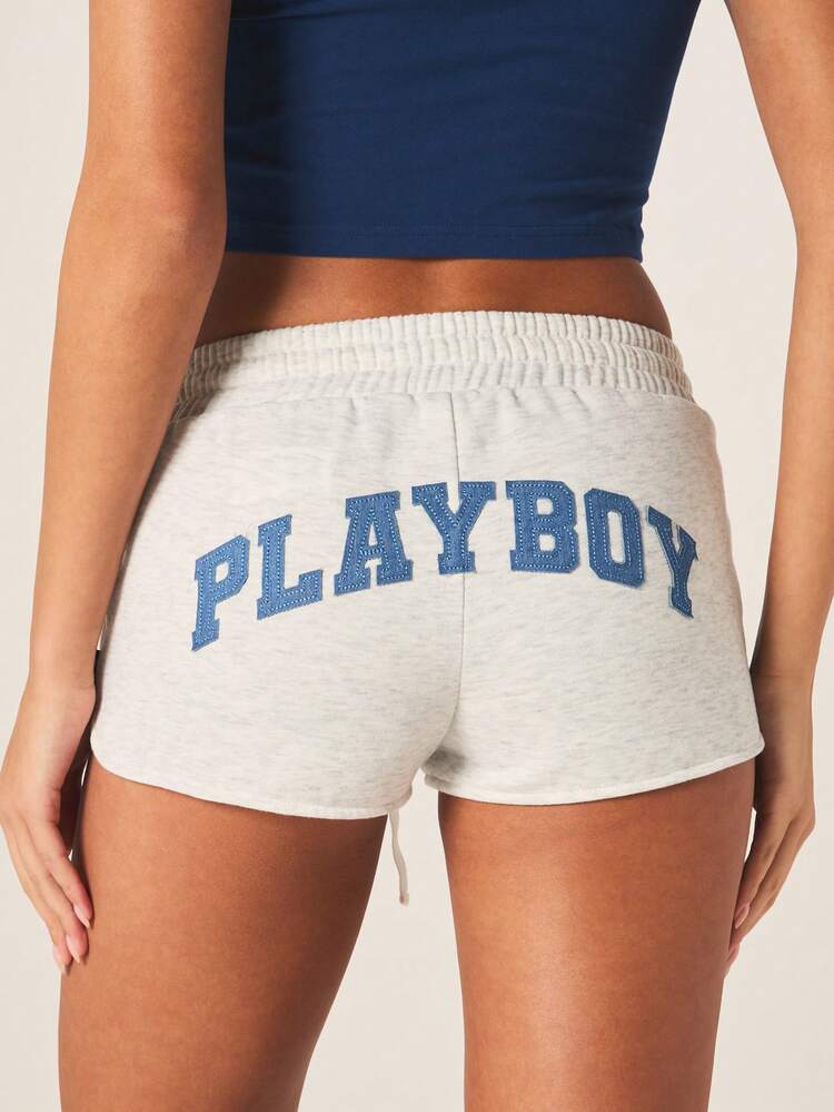 Missguided x Playboy Damskie szorty do biegania z logo króliczka, ściągaczem, grafiką z przodu i nadrukiem tekstowym z tyłu