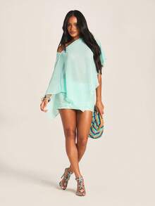 MISSGUIDED Áo choàng poncho nữ màu bạc hà bằng vải chiffon, kiểu trễ vai, phối sequin ở phần chân áo và lớp phủ bất đối xứng mềm mại. - Màu xanh lam - Xem 3