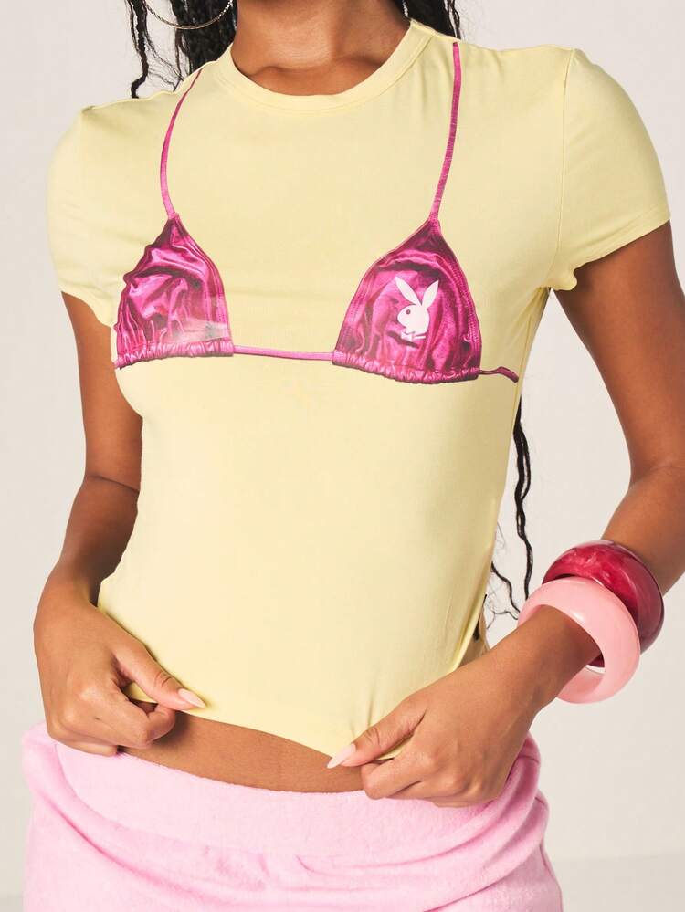 Missguided x Playboy Bunny Logo Fitted Baby Tee With Faux Bikini Print Short Sleeve Crew Neck Summer Top