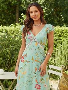 KARISMINA Women's Elegant Floral Print Dress, Summer - Teal Blue - View 3