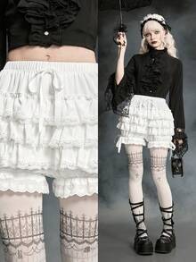 ROMWE Goth 女士可爱蛋糕蝴蝶结撞色蕾丝边灯笼短裤 - 白色 - 查看 8