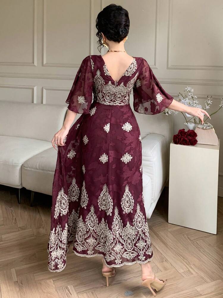 Women's Elegant Floral V-Neck Tie-Up Long Dress, Suitable For Spring And Summer Sun Dresses For Women