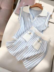 GlowEve Bộ đồ nữ mùa hè kiểu dáng thường ngày gồm áo hai dây kẻ sọc và chân váy ngắn. - Xanh và trắng - Xem 3