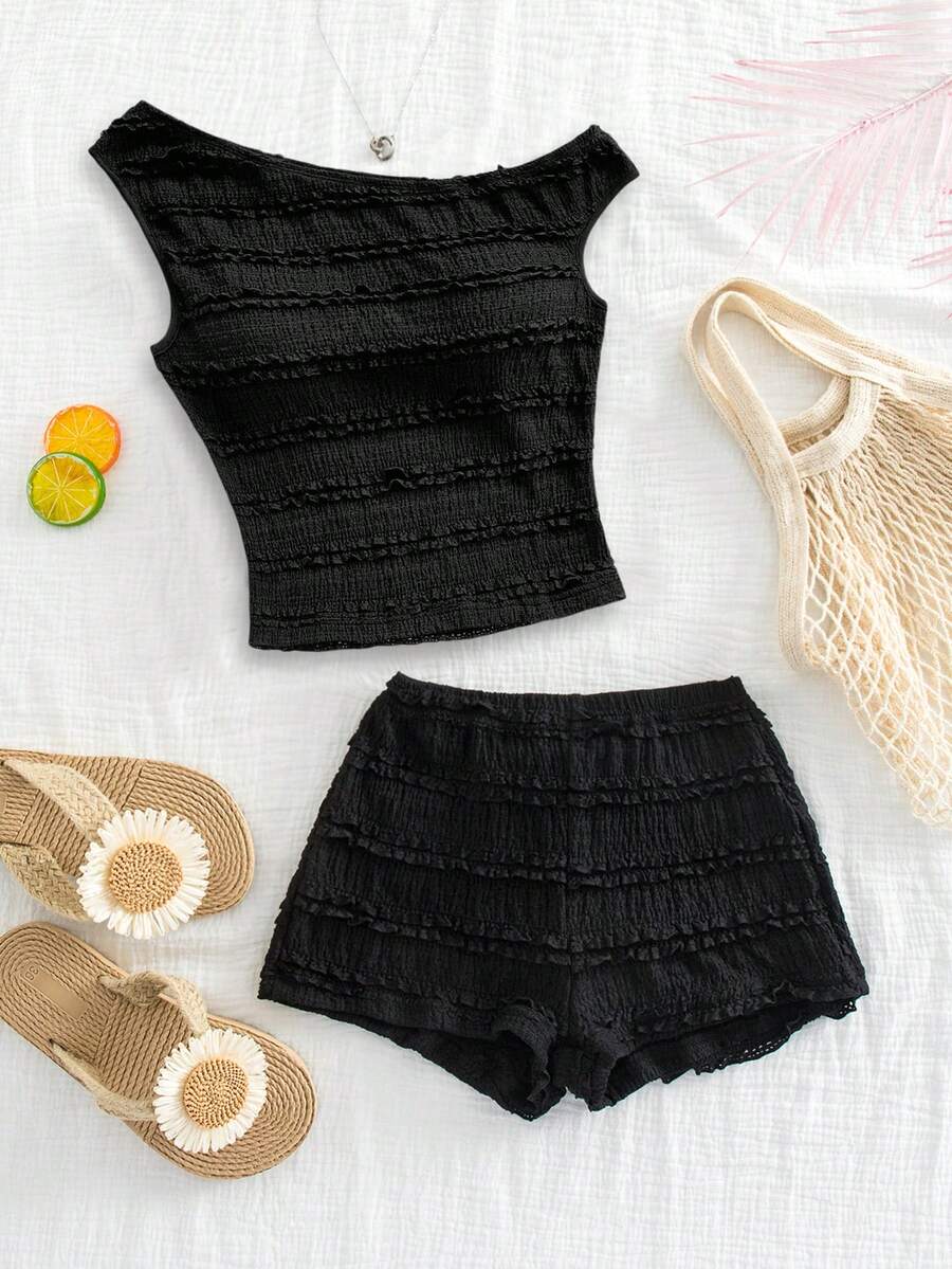 SHEIN Conjunto de 2 piezas para niña preadolescente de vacaciones primavera/verano: Top corto asimétrico de hombro de punto texturizado y shorts - Negro - Ver 1