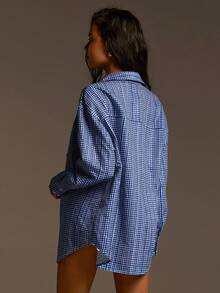 Athîral 女士落肩长袖纽扣前开襟格子休闲百搭日常衬衫 - 藍白色 - 查看 3