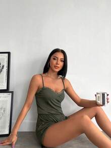 RueChic 95% Cotton Women's Lace Edge Cami Pajama Set - Khaki - View 3