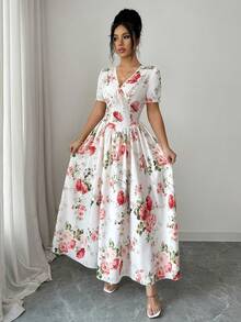 Elenzga Women's V-Neck Knotted Floral Print Ruched Waist Elegant Long Dress For Party - Apricot - View 4