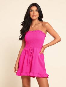 Coeurva Bộ jumpsuit nữ màu hồng, kiểu dáng giản dị, lãng mạn, thanh lịch, tối giản, thích hợp cho kỳ nghỉ biển, không dây vai. - Màu Hồng Tươi - Xem 1