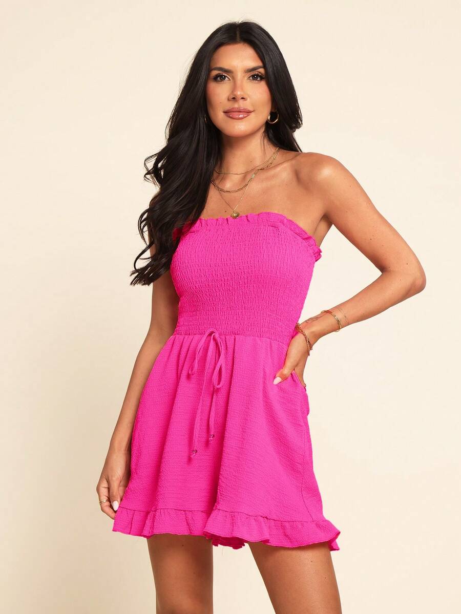 Coeurva Bộ jumpsuit nữ màu hồng, kiểu dáng giản dị, lãng mạn, thanh lịch, tối giản, thích hợp cho kỳ nghỉ biển, không dây vai. - Màu Hồng Tươi - Xem 1