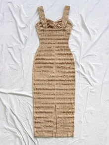 Soleia 女士纯色扭结荷叶边中长吊带裙 - 卡其色 - 查看 2
