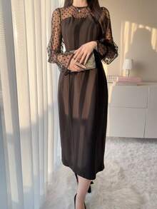 FRIFUL 女士圆领雪纺网纱拼接喇叭袖撞色甜美休闲派对连衣裙 - 黑與白 - 查看 4