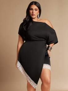 SHEIN BAE Plus Size Asymmetrical Hem Lace Patchwork Casual Vacation Versatile Skirt,Summer,Pants,Western For Women,Cowgirl For Women,Country Concert,Easter For Women,Shorts,Summer,Summer,Skirt For Women,Summer For Women,Skirt For Women,Trouser Pants For Women,Skirts For Women Plus Size,Plus Size Skirt,Beach Skirt - Black - View 5