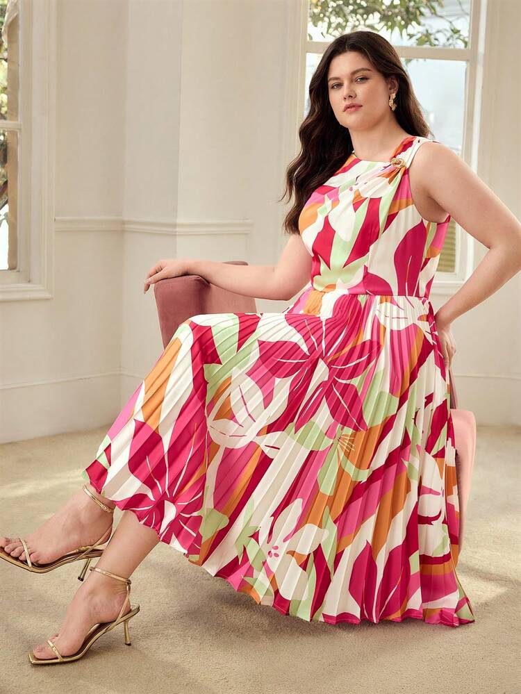 PLUS SIZE FLORAL PRINT ASYMMETRICAL NECK DRESS, SPRING/SUMMER