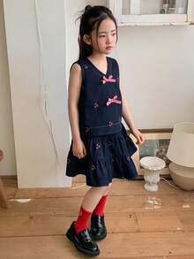 DAZY 韩版少女蝴蝶结无袖衬衫和百褶裙两件套牛仔套装 - 藍色 - 查看 4