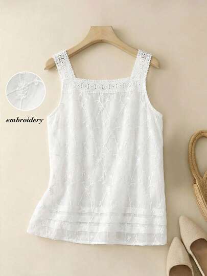 Rusticease Women's Solid Color Lace Patchwork Square Collar Casual Sleeveless Blouse