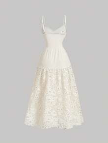 SHEIN MOD 女士时尚优雅水溶性刺绣吊带裙 - 杏色 - 查看 4