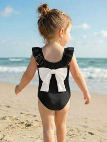 Emery Rose Kids Emery Rose Kids Young Girls Ruffled Bowknot One-Piece Swimsuit, Matching Sister Set Little Girl Swimwear Girls Bows Swim - Black and White - View 3