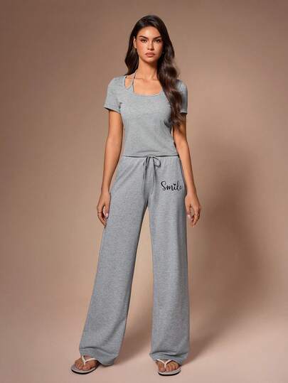 Lazeform Minimalist Sexy Style Home Wear 2 In 1 Halter Tie Waist Top With Printed Short Sleeve & Long Pants Set