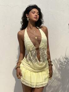 Aloruh Women's Summer New Arrival Pale Yellow Elegant Sexy Fashionable Y2K Babe Beach Vacation Romantic Date Influencer Check-In Draped Neck Beaded Open Back Tie Strap Chiffon Ruffle Hem Peplum Two Pieces Set - Light Yellow - View 3