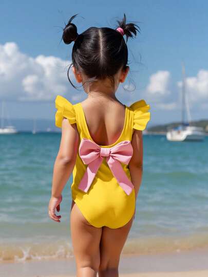 SHEIN 女婴荷叶边袖蝴蝶结露背装饰连体泳衣，夏季