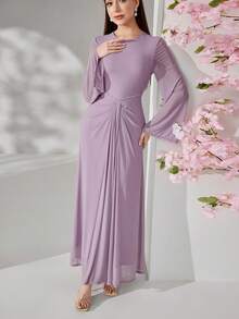 Veilorie New Arrival Ruched Waist Rhinestone Embellished Elegant Flowing Cocktail Party Dress - Purple - View 6