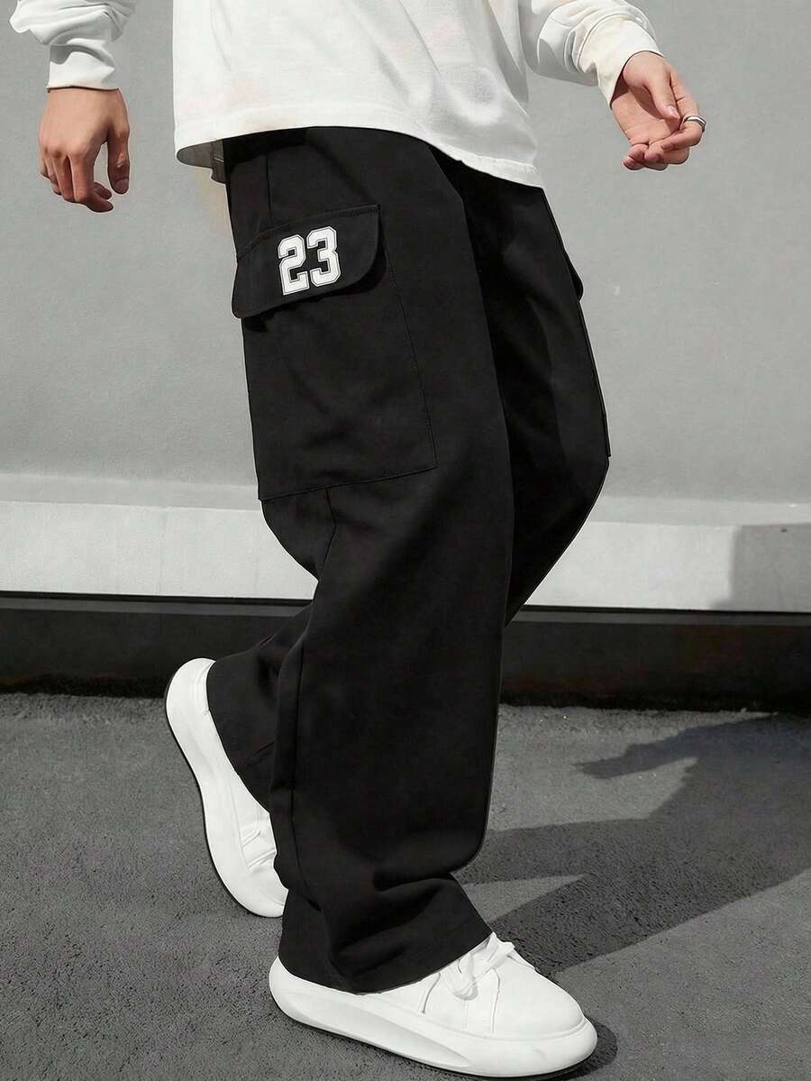 SHEIN Tween Boy Contrast Color Line Graphic Cargo Pocket Loose Wide Leg Pants, Suitable For Casual, Sports, School, Versatile,Kids - Black - View 1