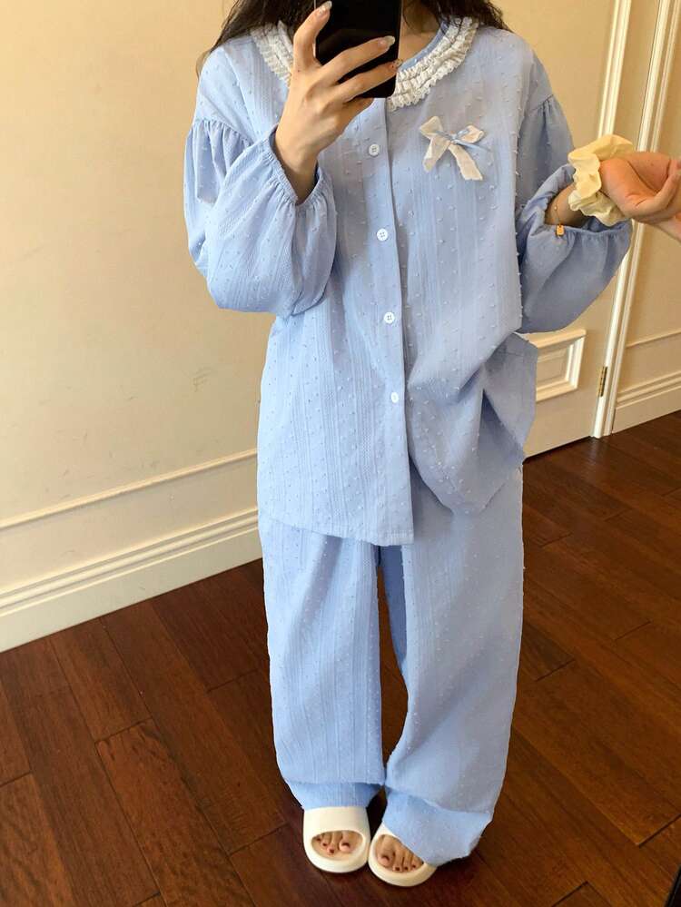 Cute 3D Polka Dot Fabric Layered Ruffle Collar Women Pajama Set