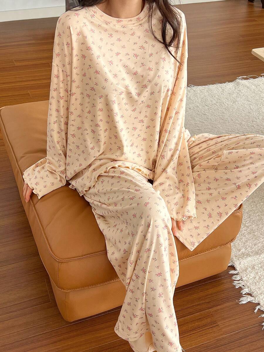 DAZY Ditsy Floral Loose Comfortable Long Sleeve Top And Pants 2 Pieces Pajama Set For Women, Spring - Apricot - View 1